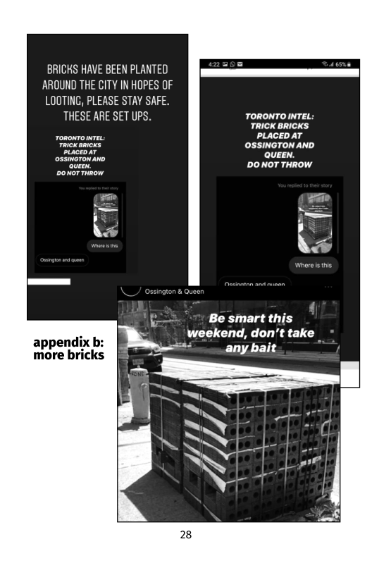 BRICHS HAVE BEEN PLANTED AROUND THE CITY IN HOPES OF LOOTING, PLEASE STAY SAFE.  THESE ARE SET UPS. TORONTO INTEL: TRICK BRICKS  ronowromraL PLACED AT  Tk Bk OSSINGTON AND  ossimaronano St ‘ot DONOT THROW  Be smart this weekend, don’t take _ any bait  appendix  